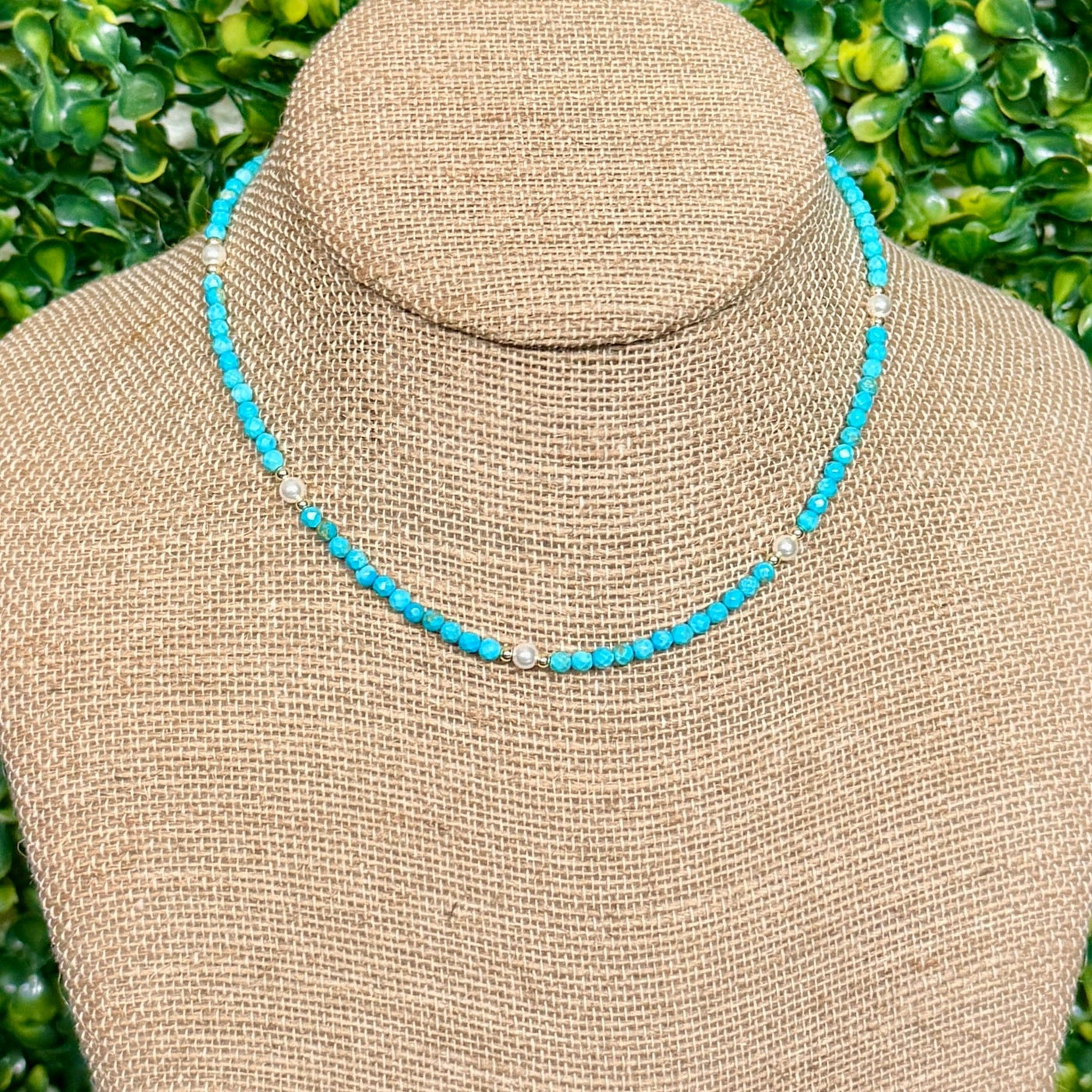 Turquoise, Pearls, and Gold Beaded Necklace Shabby Chic Boutique and Tanning Salon