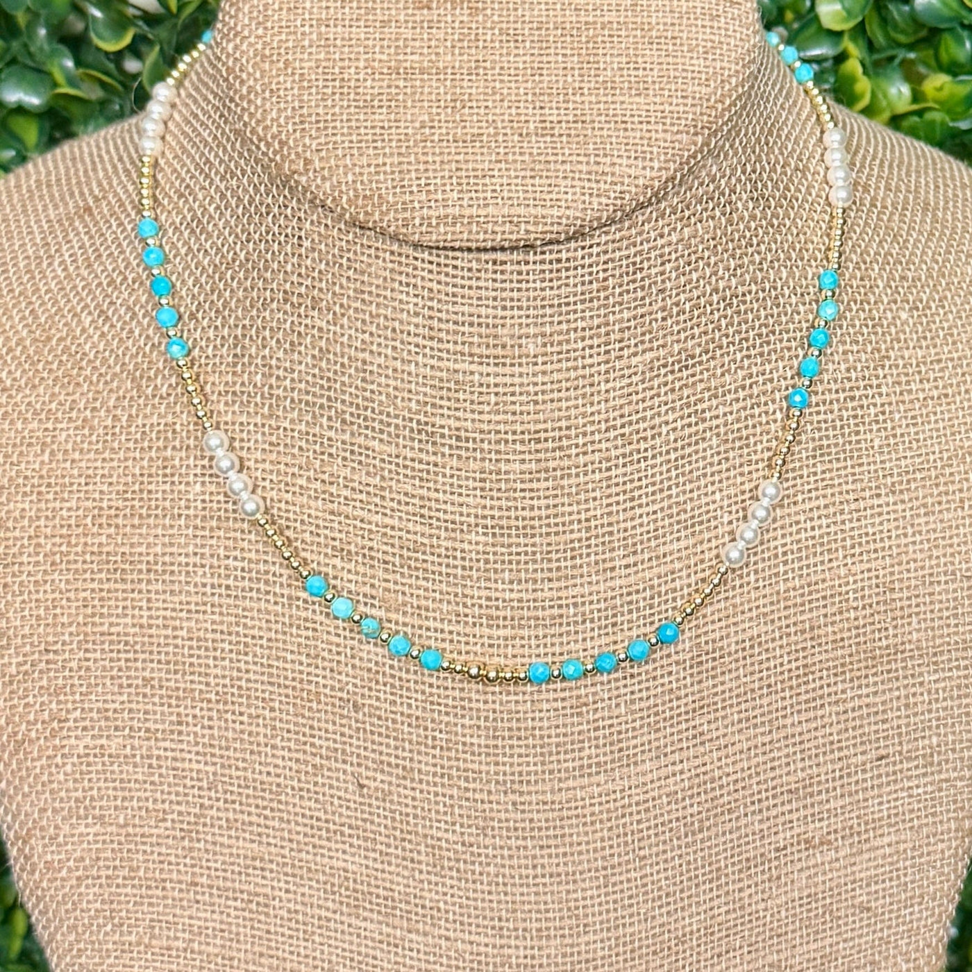 Turquoise, Pearls and Gold Beaded Necklace Shabby Chic Boutique and Tanning Salon
