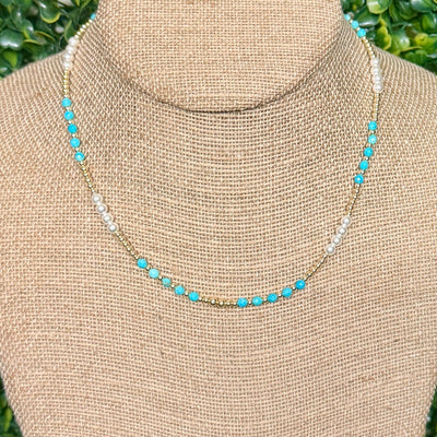 Turquoise, Pearls and Gold Beaded Necklace Shabby Chic Boutique and Tanning Salon