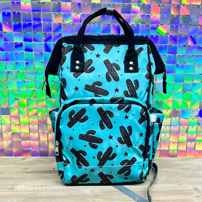 Turquoise with Leopard Cactus Diaper Bag Backpack Shabby Chic Boutique and Tanning Salon