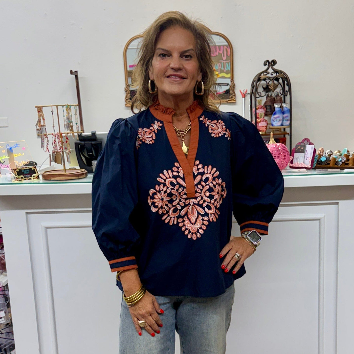 Until The Leaves Fall Top - Navy Shabby Chic Boutique and Tanning Salon