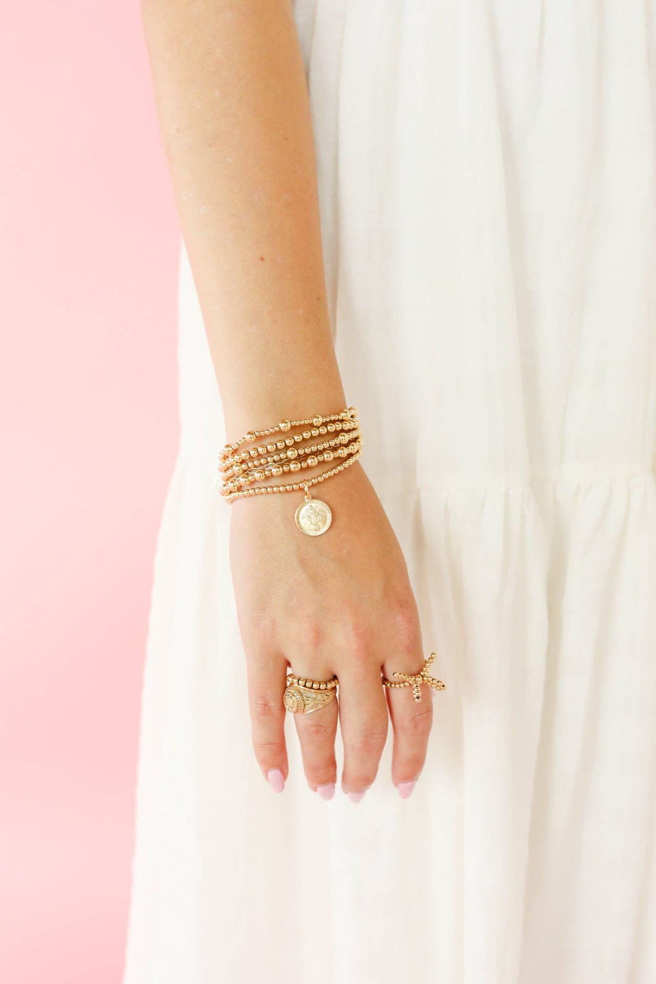 Virgin Mary Gold Charm Bracelet: Extended 7.25 inch Beaded Blondes