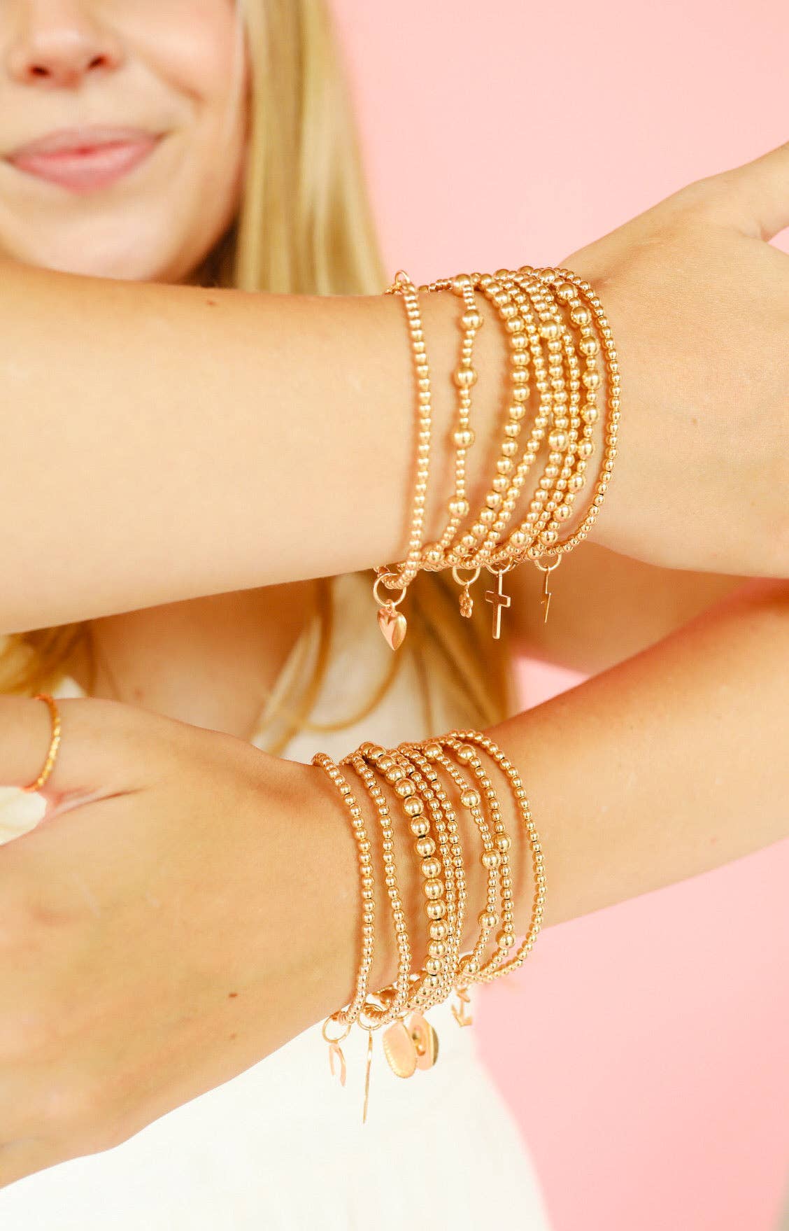 Virgin Mary Gold Charm Bracelet: Extended 7.25 inch Beaded Blondes