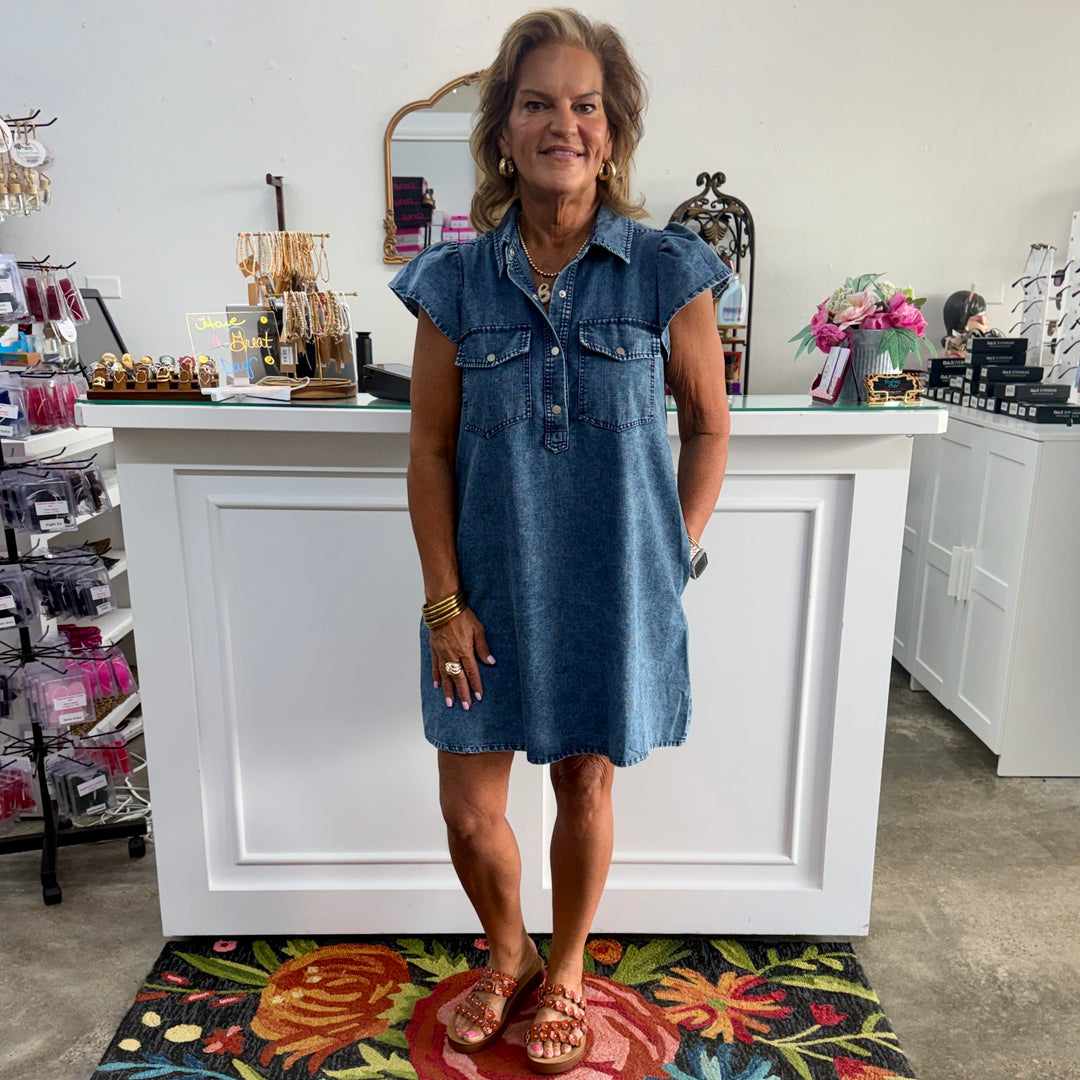 Washed Denim Utility Dress  Shabby Chic Boutique and Tanning Salon