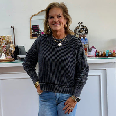 Washed Side Slit Oversized Cropped Sweater - Black Shabby Chic Boutique and Tanning Salon