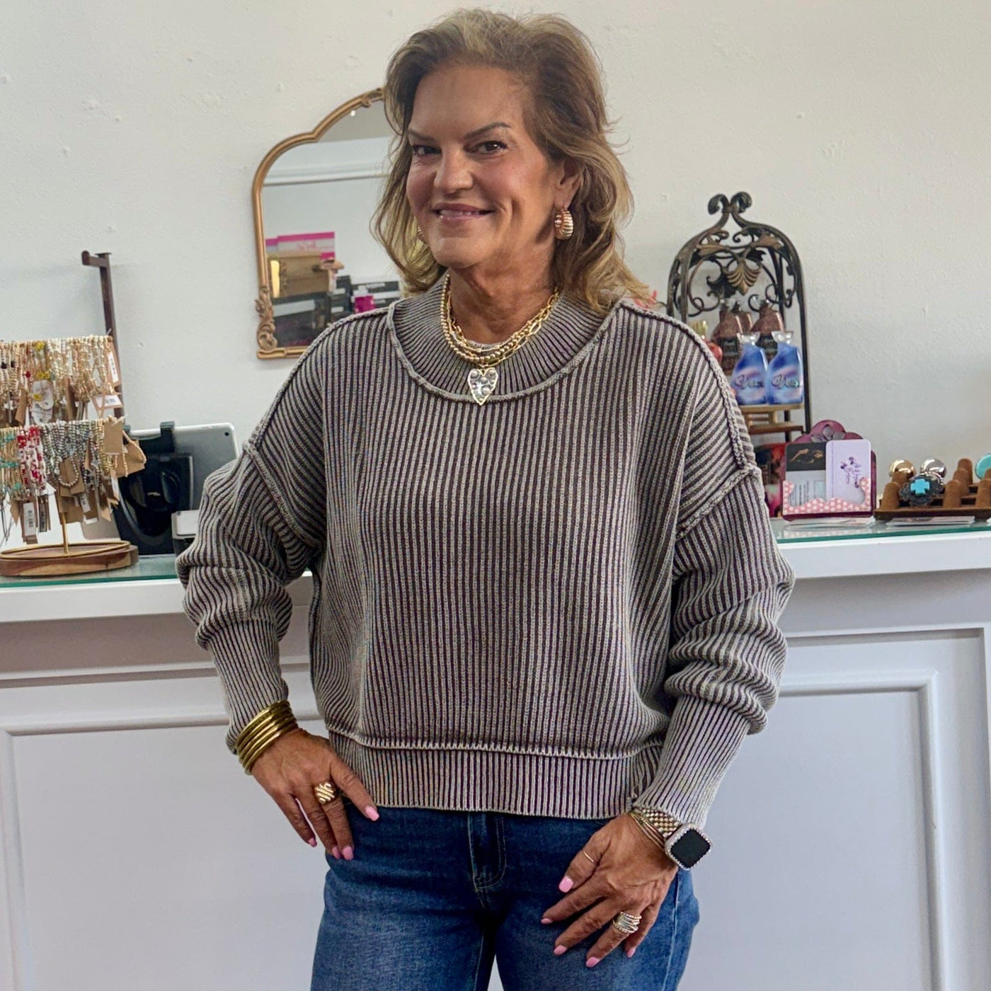 Washed Side Slit Oversized Cropped Sweater - Mocha Shabby Chic Boutique and Tanning Salon