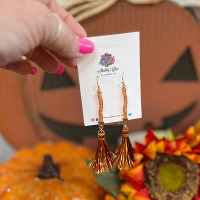 WItches Broom Earrings - Orange Shabby Chic Boutique and Tanning Salon