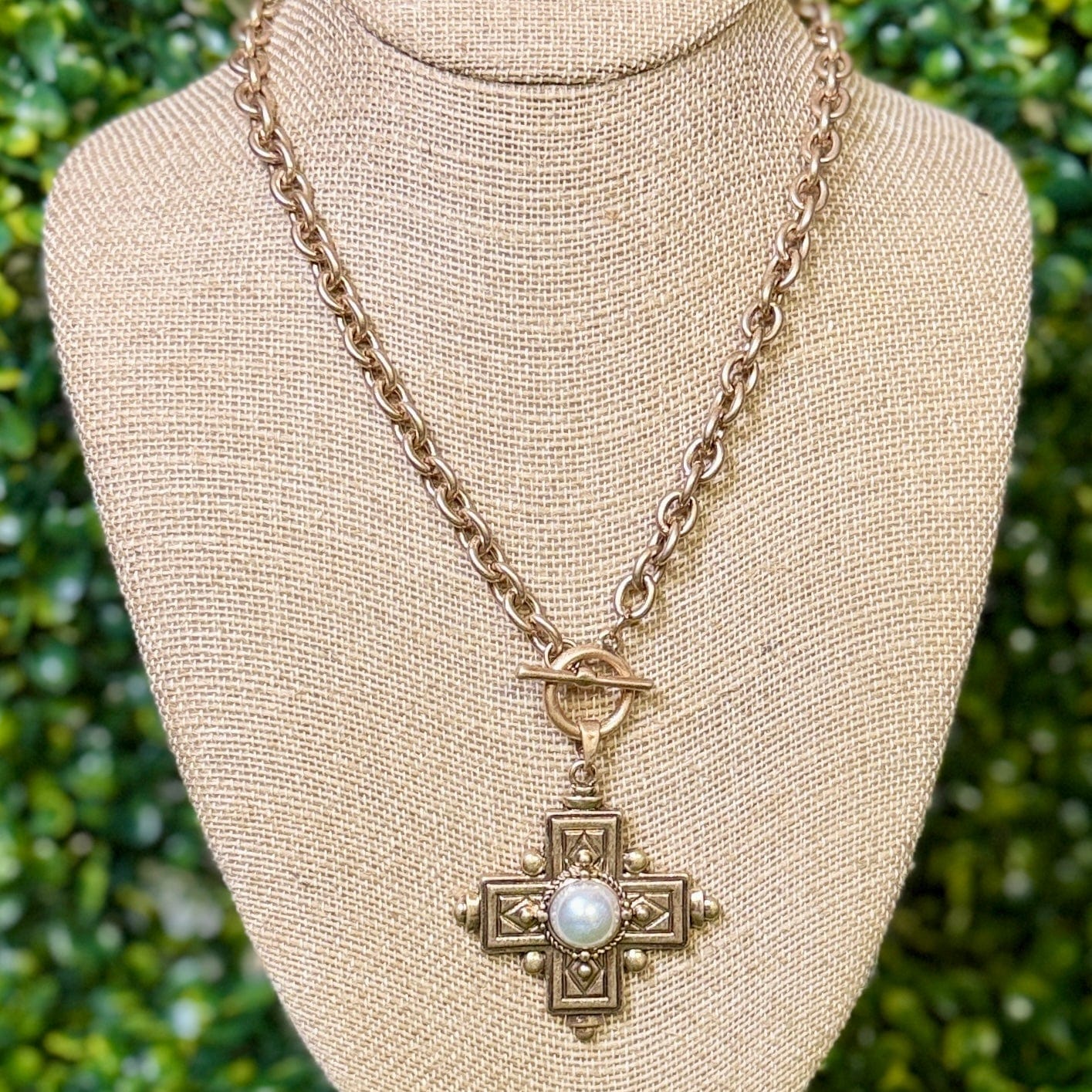 Worn Gold Chain with Pearl and Filigree Cross Necklace – Shabby Chic ...