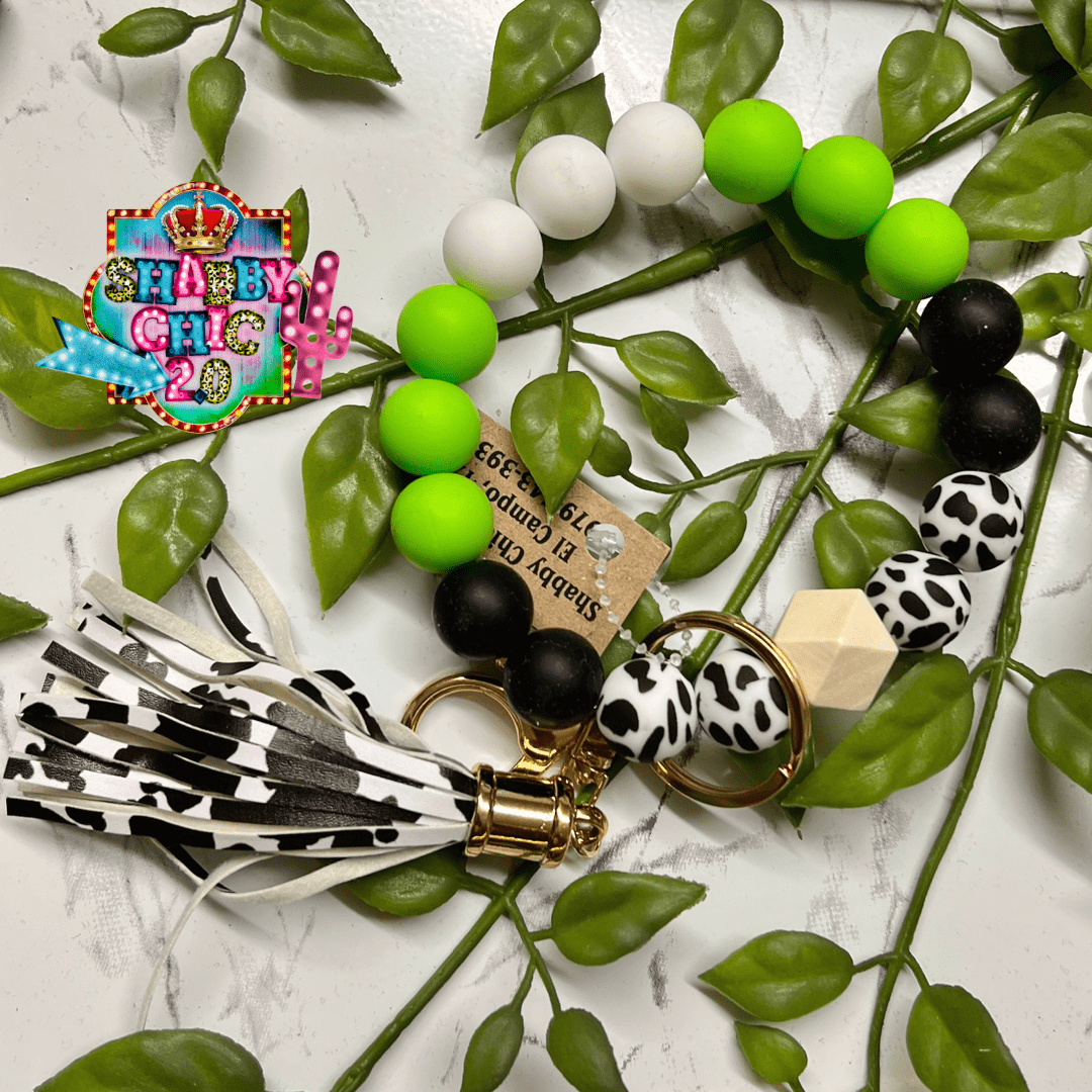Beaded Bracelet Key Ring - Lime, Black, Spotted Shabby Chic Boutique and Tanning Salon