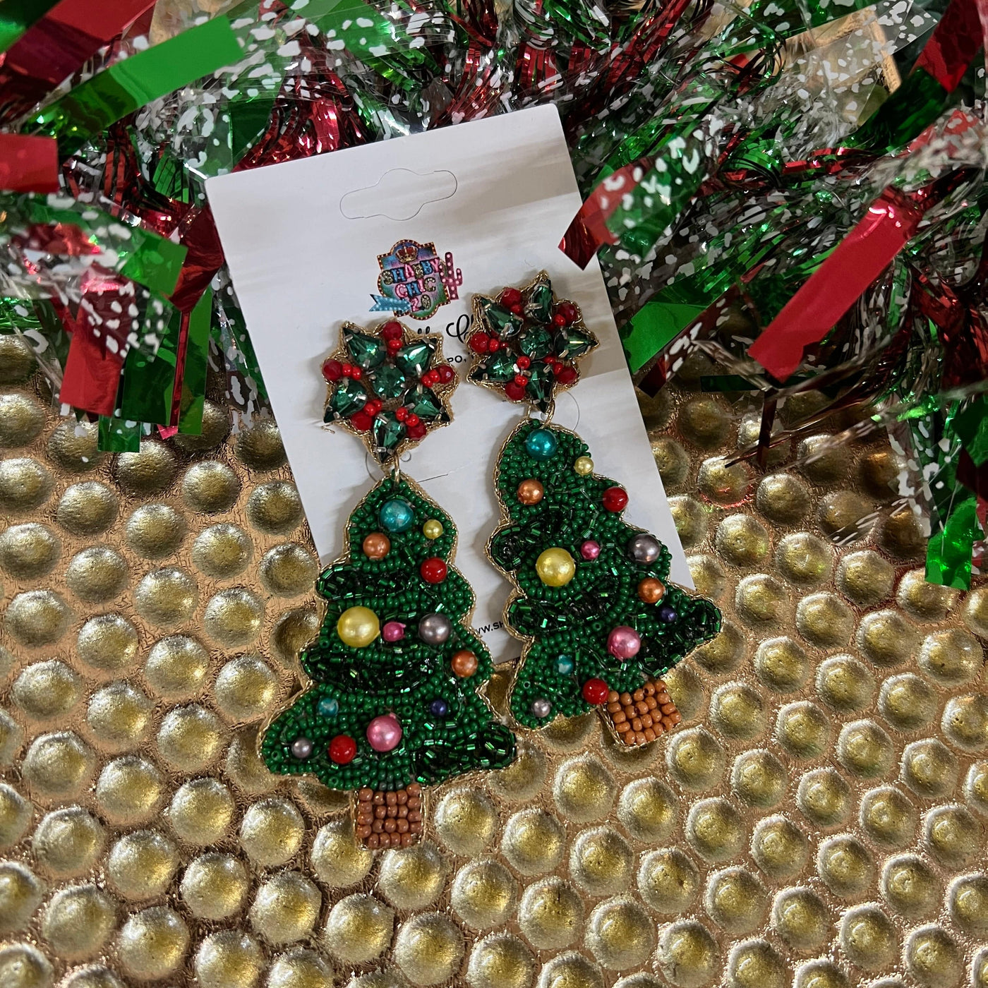 Beaded Christmas Tree with Pearl Earrings Shabby Chic Boutique and Tanning Salon