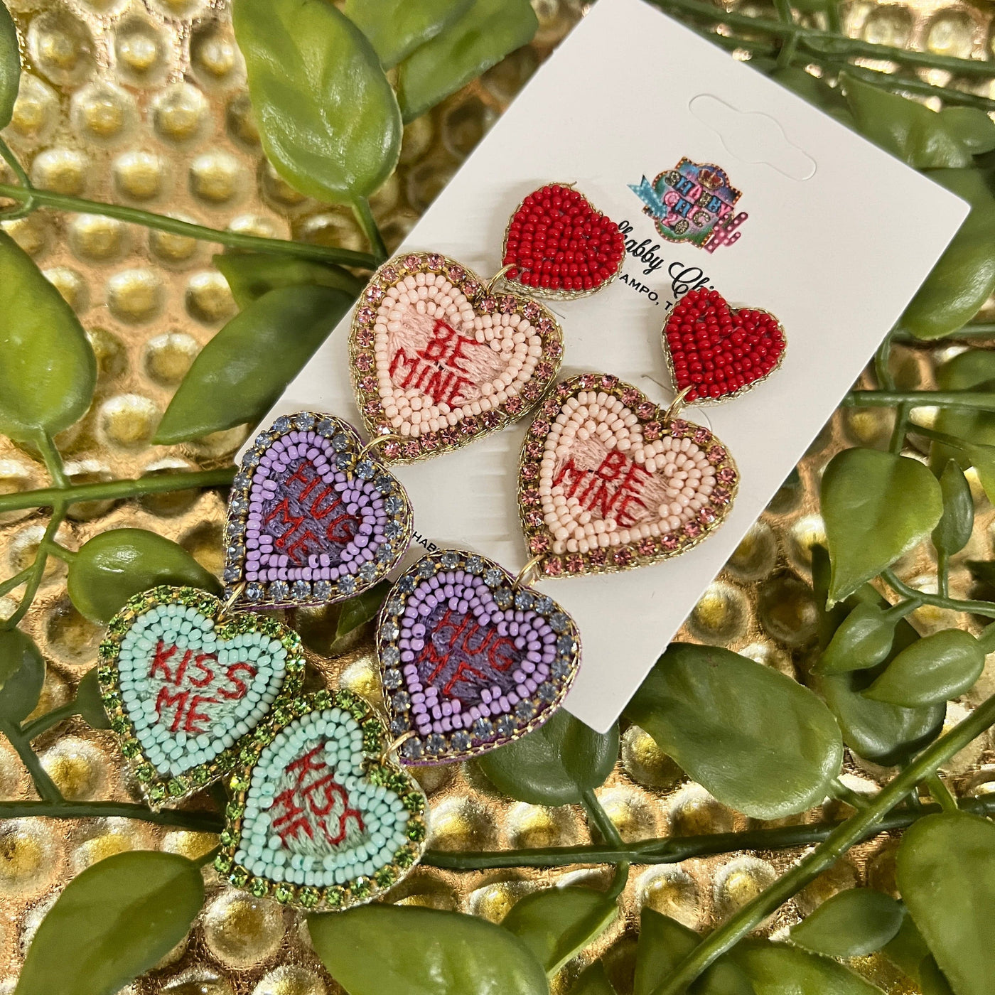 Beaded Conversation Heart Earrings Be Mine, Hug Me, Kiss Me Shabby