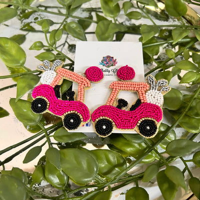 Beaded Pink Golf Cart Earrings Shabby Chic Boutique and Tanning Salon