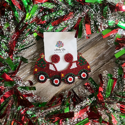 Beaded Red Truck with Tree Earrings Shabby Chic Boutique and Tanning Salon