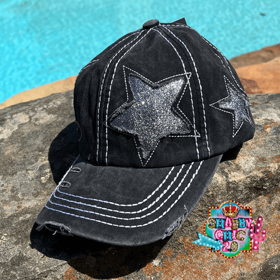 Black Glittered Star Cap Shabby Chic Boutique and Tanning Salon