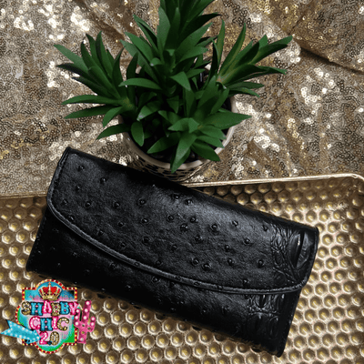 Black Ostrich TriFold Wallet Shabby Chic Boutique and Tanning Salon