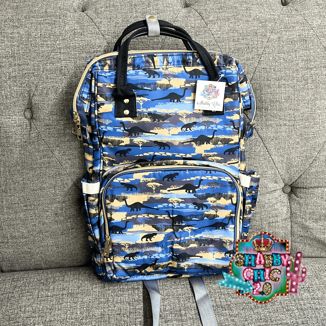 Blue Camo Dinosaur Print Diaper Bag Backpack Shabby Chic Boutique and Tanning Salon
