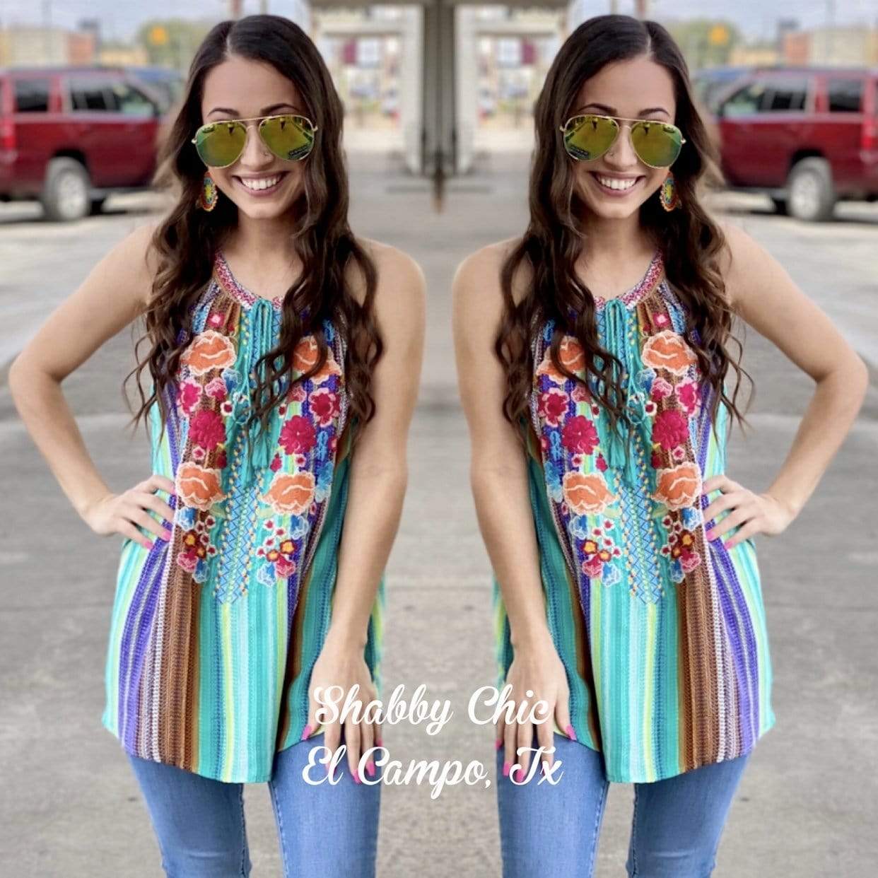 Blue Serape Embroidery Top Shabby Chic Boutique and Tanning Salon
