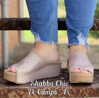 Blush Glitter Slide Wedge Shabby Chic Boutique and Tanning Salon