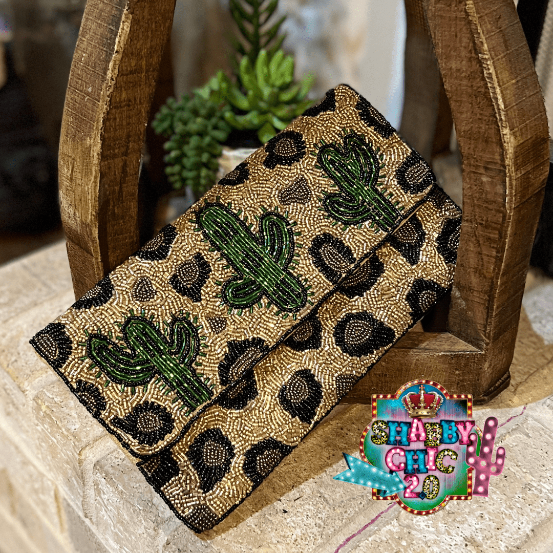 Cactus and Leopard Beaded Clutch/Crossbody Bag Shabby Chic Boutique and Tanning Salon