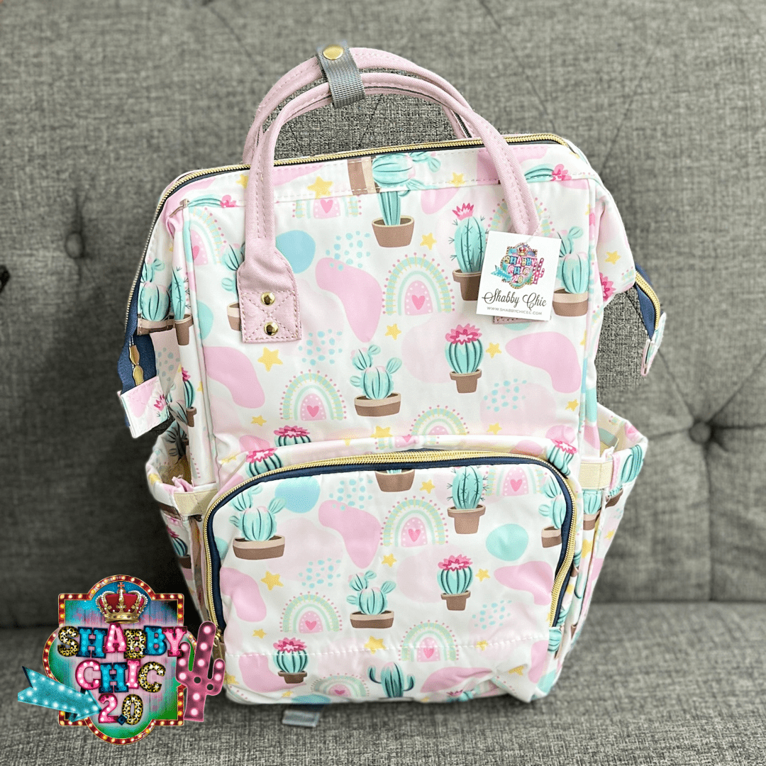 Cactus and Pink Rainbow Print Diaper Bag Backpack Shabby Chic Boutique and Tanning Salon