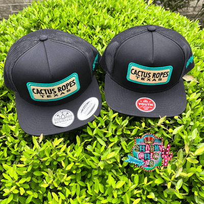 Cactus Ropes Black 5-Panel Trucker with Tan and Turquoise Logo - OSFA Shabby Chic Boutique and Tanning Salon