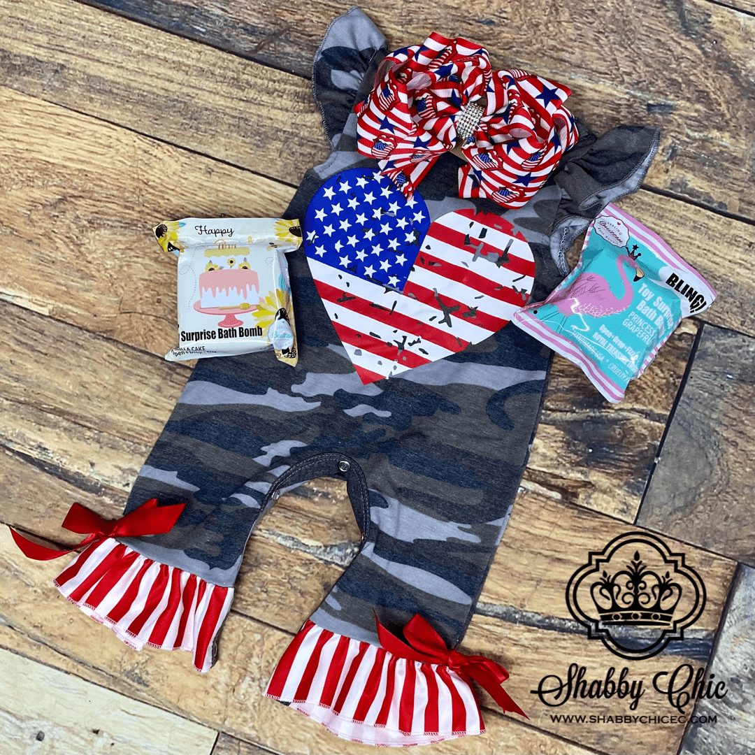 Camo with Flag Onesie Shabby Chic Boutique and Tanning Salon