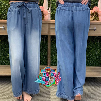 Distressed Bottom Denim Lounge Pants Shabby Chic Boutique and Tanning Salon