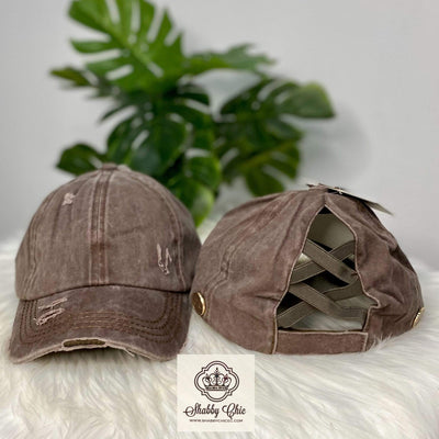 Distressed Brown Cap Criss Cross Solid Back Shabby Chic Boutique and Tanning Salon