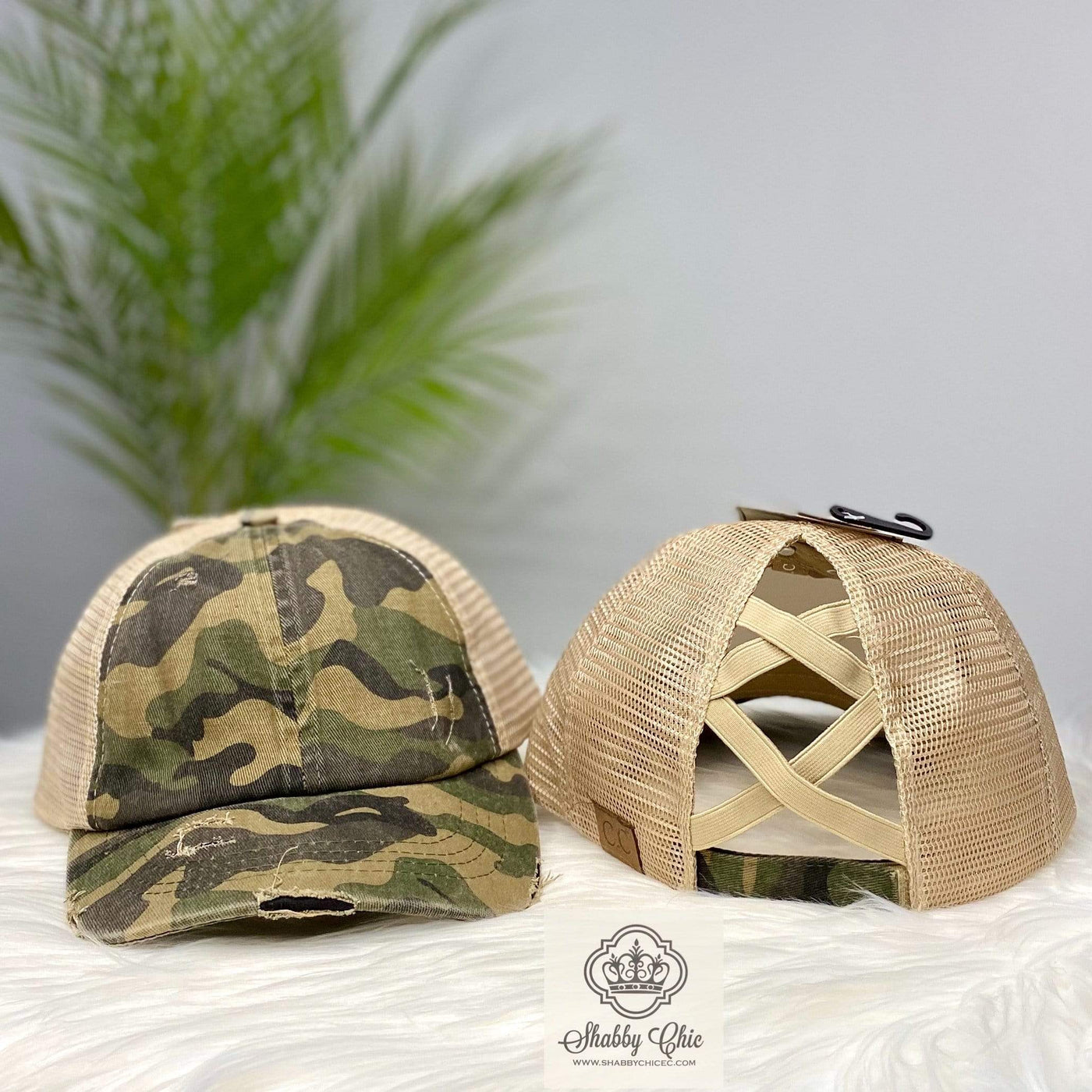 Distressed Camo Criss Cross Trucker Cap Shabby Chic Boutique and Tanning Salon