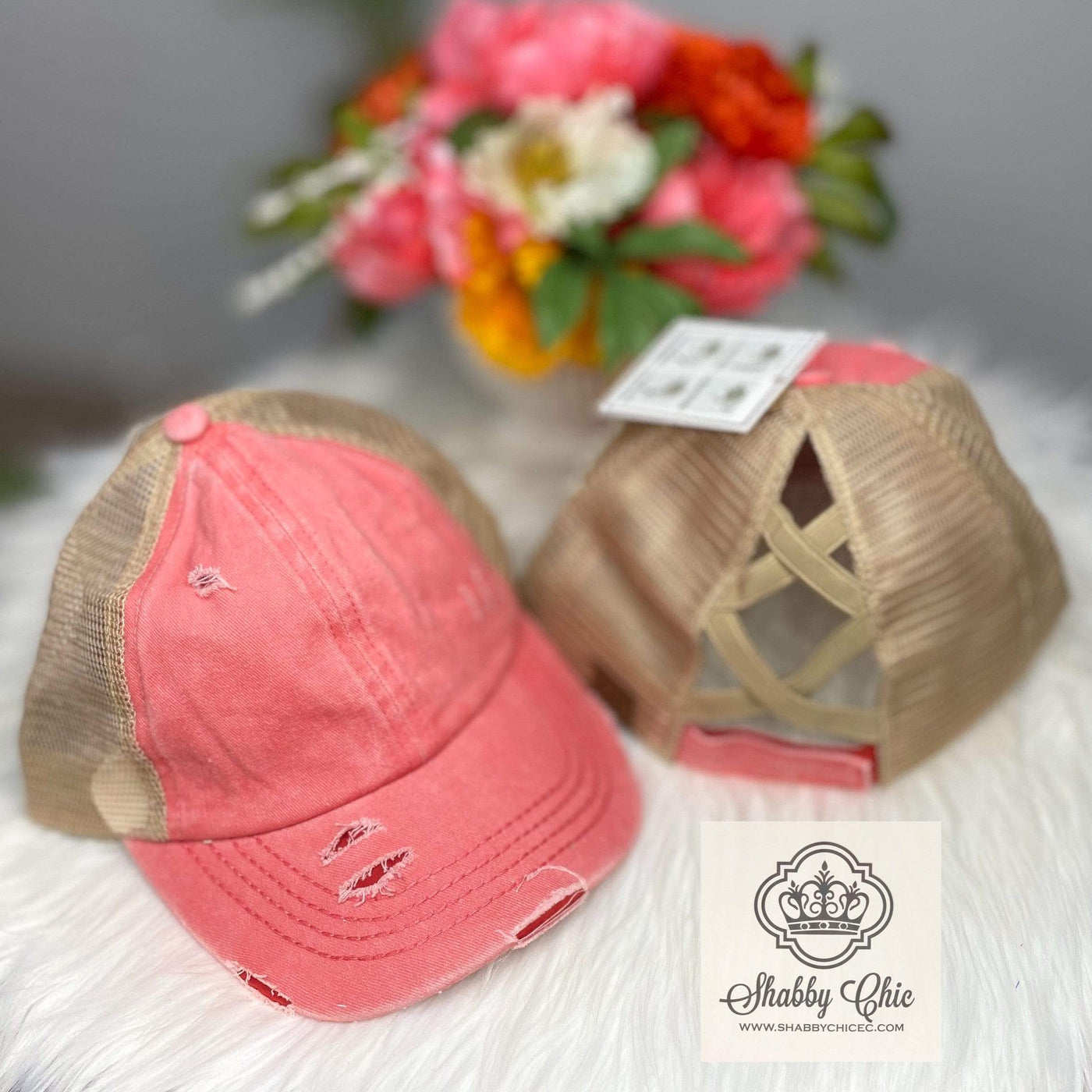Distressed Coral Criss Cross Trucker Cap Shabby Chic Boutique and Tanning Salon
