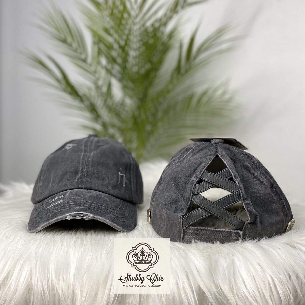 Distressed Dark Grey Cap Criss Cross Solid Back Shabby Chic Boutique and Tanning Salon