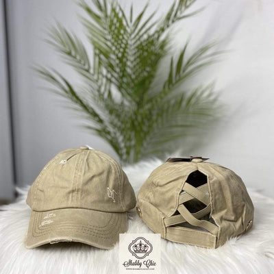 Distressed Khaki Cap Criss Cross Solid Back Shabby Chic Boutique and Tanning Salon