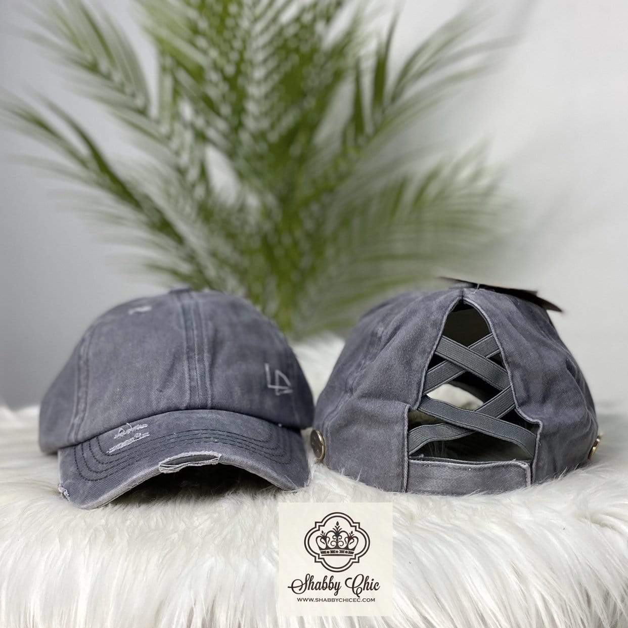 Distressed Light Grey Cap Criss Cross Solid Back Shabby Chic Boutique and Tanning Salon