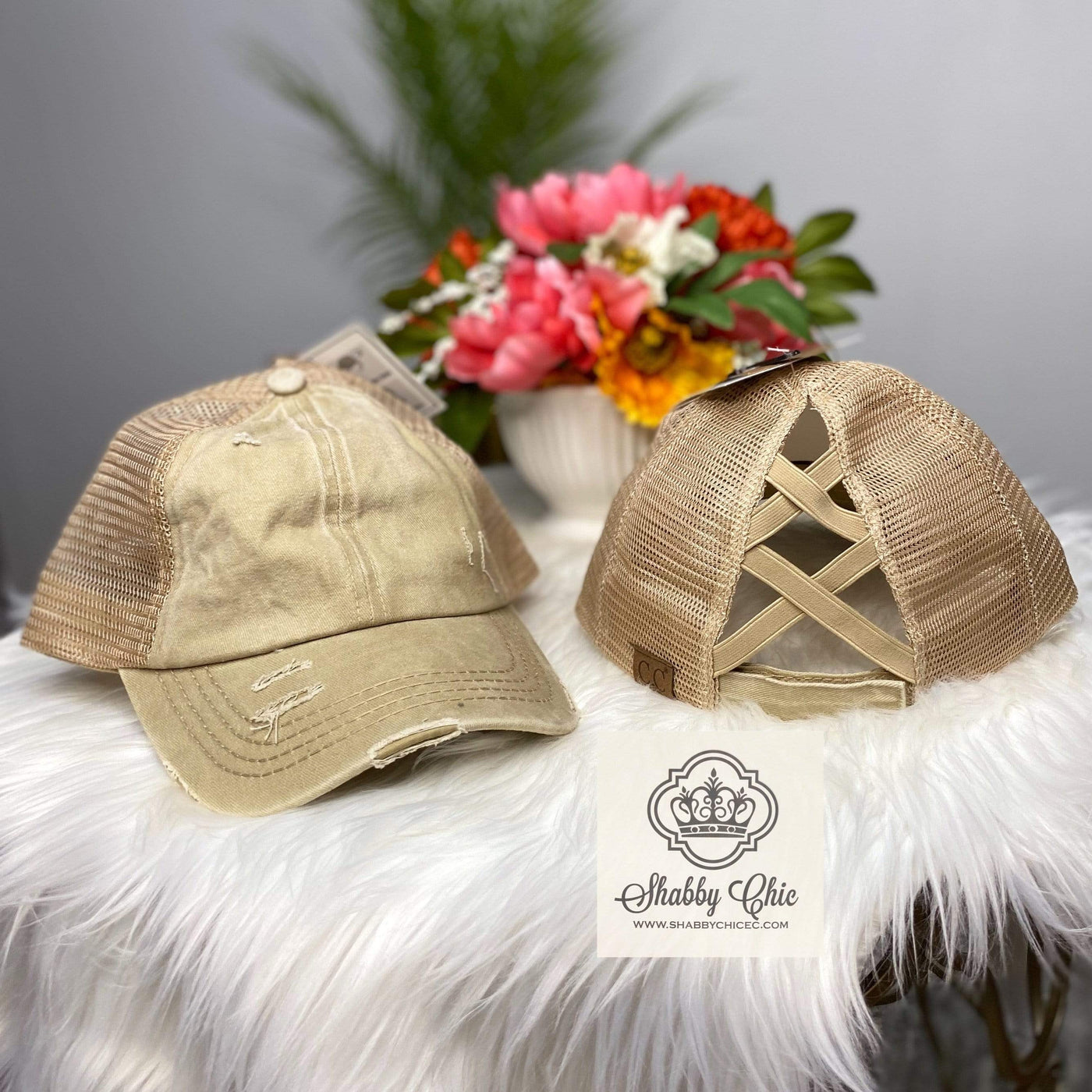 Distressed Tan Criss Cross Trucker Cap Shabby Chic Boutique and Tanning Salon