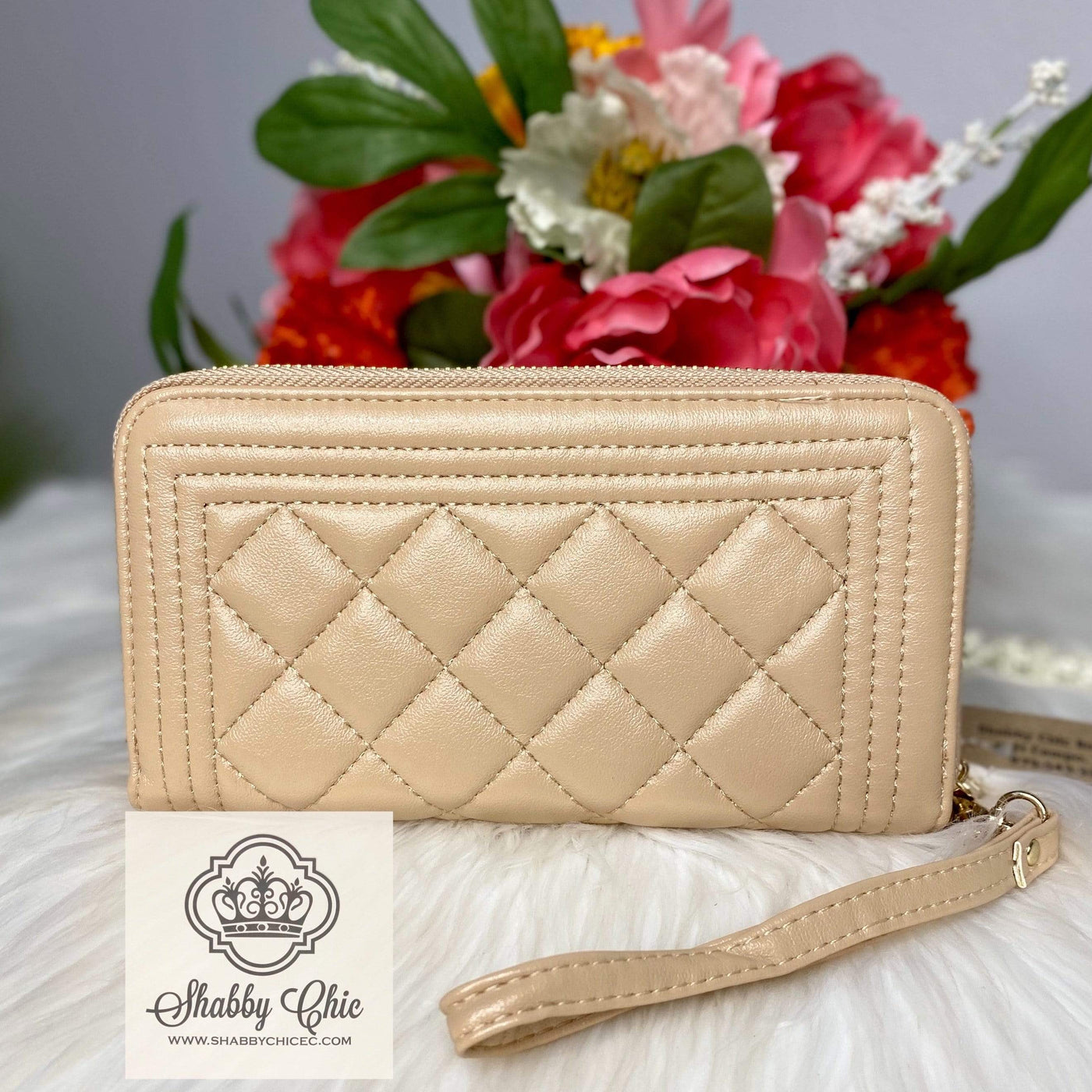 Double ZIp Beige Quilted Zip Wallet Shabby Chic Boutique and Tanning Salon