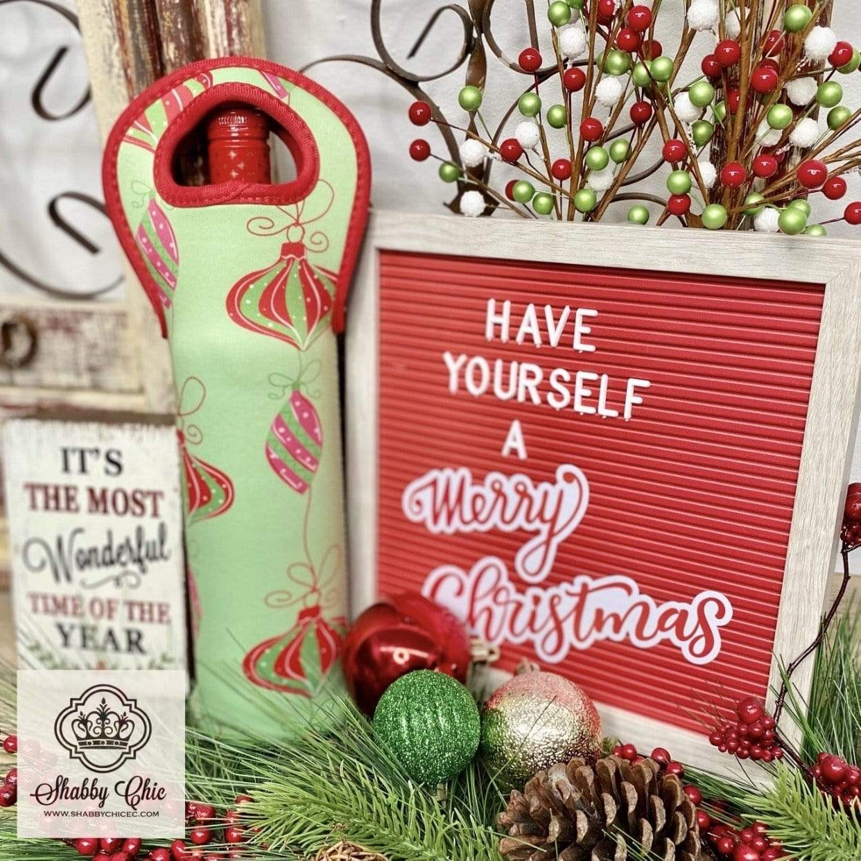 Festive Wine Bottle Coolers Shabby Chic Boutique and Tanning Salon Ornaments