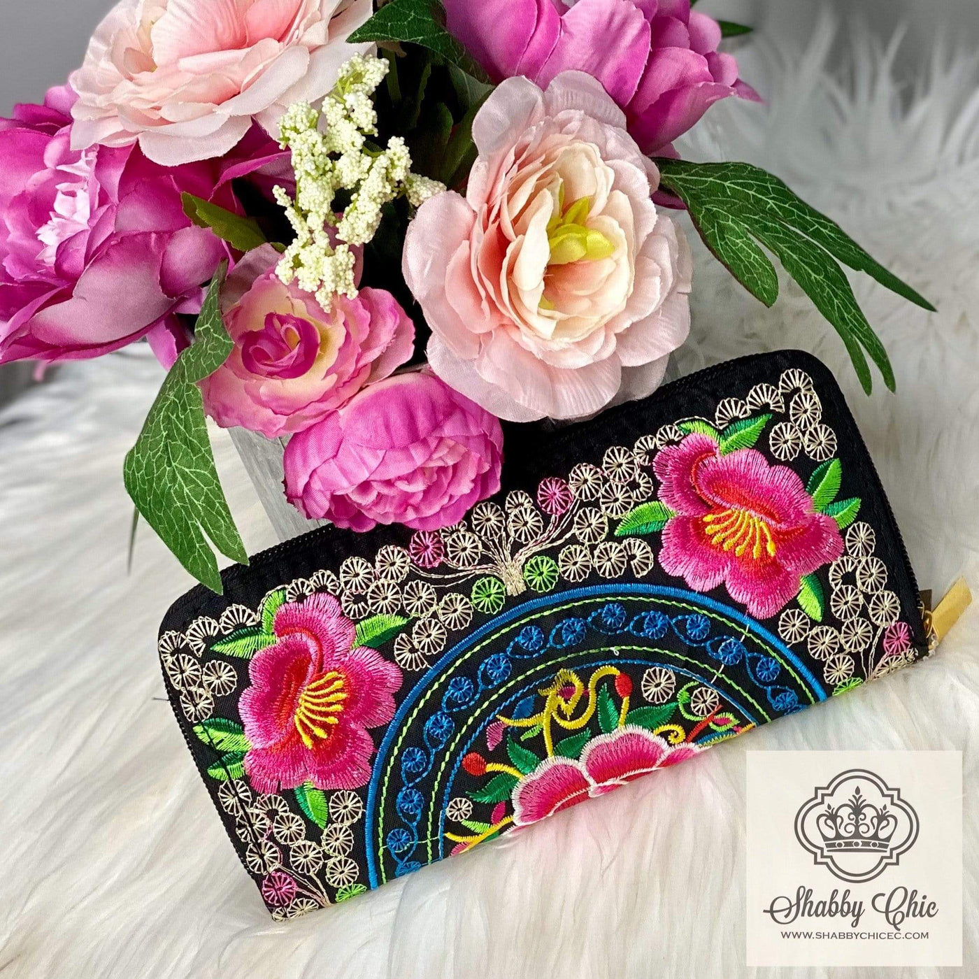 Floral Embroidery Zip Wallet Shabby Chic Boutique and Tanning Salon
