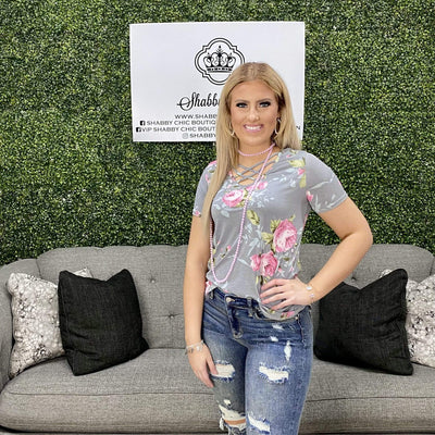 Gray Floral Caged top Shabby Chic Boutique and Tanning Salon