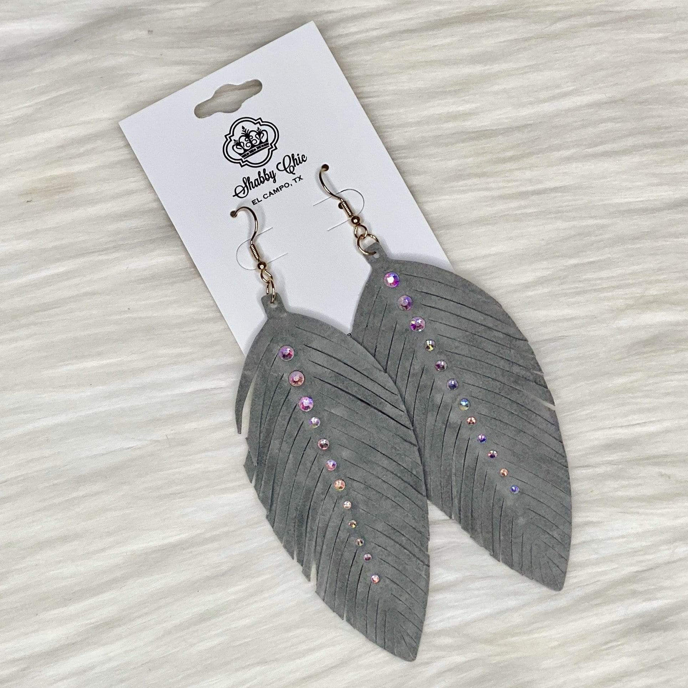 Grey Suede Feather earrings Shabby Chic Boutique and Tanning Salon