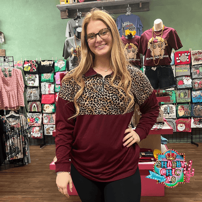 Half Zip Leopard and Maroon Top Shabby Chic Boutique and Tanning Salon