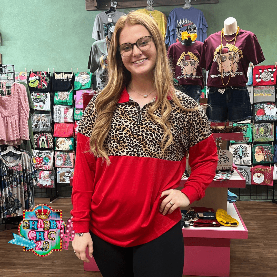 Half Zip Leopard and Red Top Shabby Chic Boutique and Tanning Salon