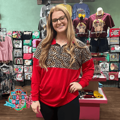 Half Zip Leopard and Red Top Shabby Chic Boutique and Tanning Salon