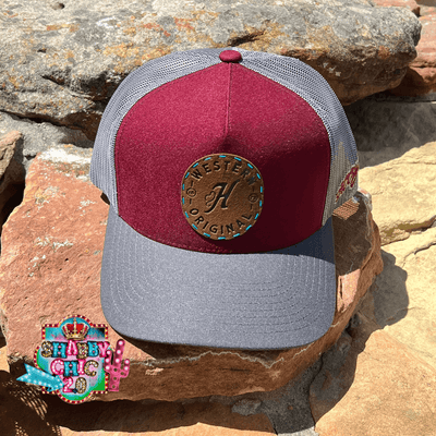 HOOEY MEN'S SPUR LEATHER LOGO PATCH MESH BACK TRUCKER CAP Trucker Cap - Maroon/Gray Shabby Chic Boutique and Tanning Salon Adult