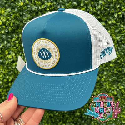 HOOEY  "PEARL" TEAL/WHITE Cap OSFA Shabby Chic Boutique and Tanning Salon