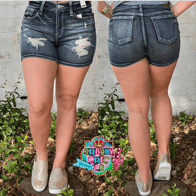 Judy Blue Dark Distressed Mid Rise Shorts Shabby Chic Boutique and Tanning Salon