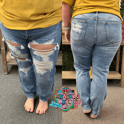Judy Blue Hi-Rise Destroyed Boyfriend Fit Jeans Shabby Chic Boutique and Tanning Salon