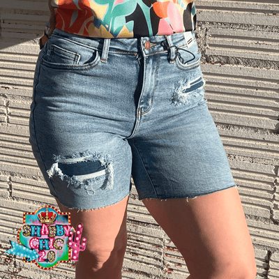 Judy Blue High Waist Denim Patch Cut Off Shorts Shabby Chic Boutique and Tanning Salon