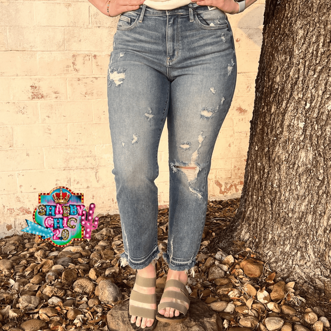 Judy Blue High Waist Release Hem Ankle Straight Jeans Shabby Chic Boutique and Tanning Salon