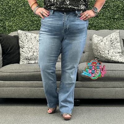 Judy Blue Mid Rise Bootcut Raw Hem Jeans Shabby Chic Boutique and Tanning Salon