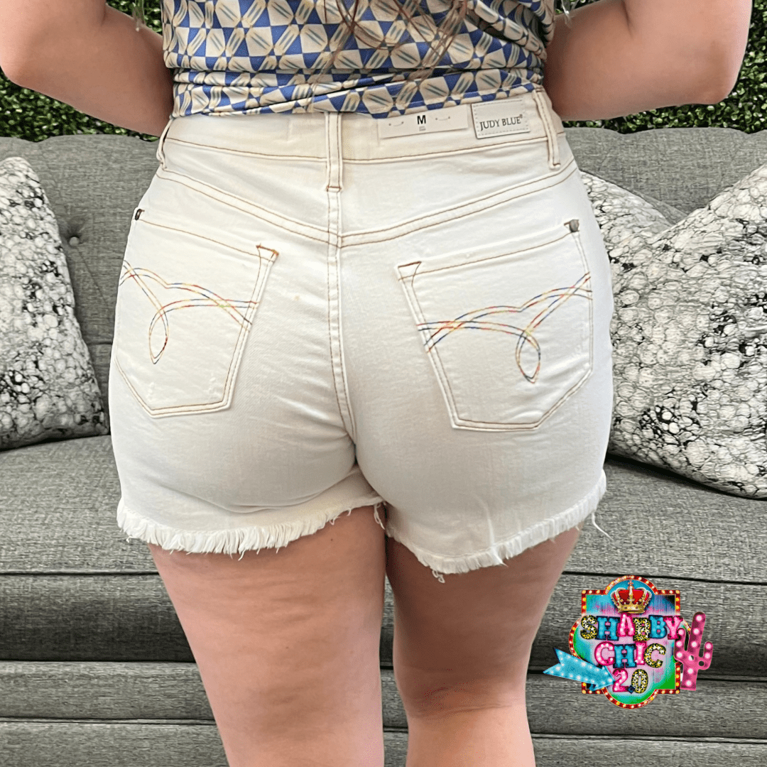Judy Blue Midrise Pocket Embroidery Ecru Shorts Shabby Chic Boutique and Tanning Salon